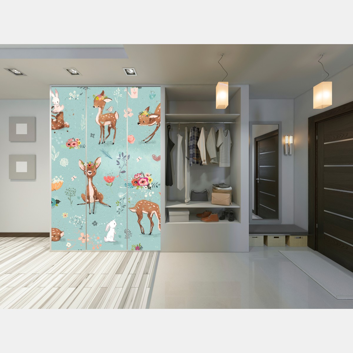 Naklejka na szafę pastelowy wzór leśnych sarenek i królików – Wallissimo® Naklejka na szafę pastelowy wzór leśnych sarenek i królików – Wallissimo®