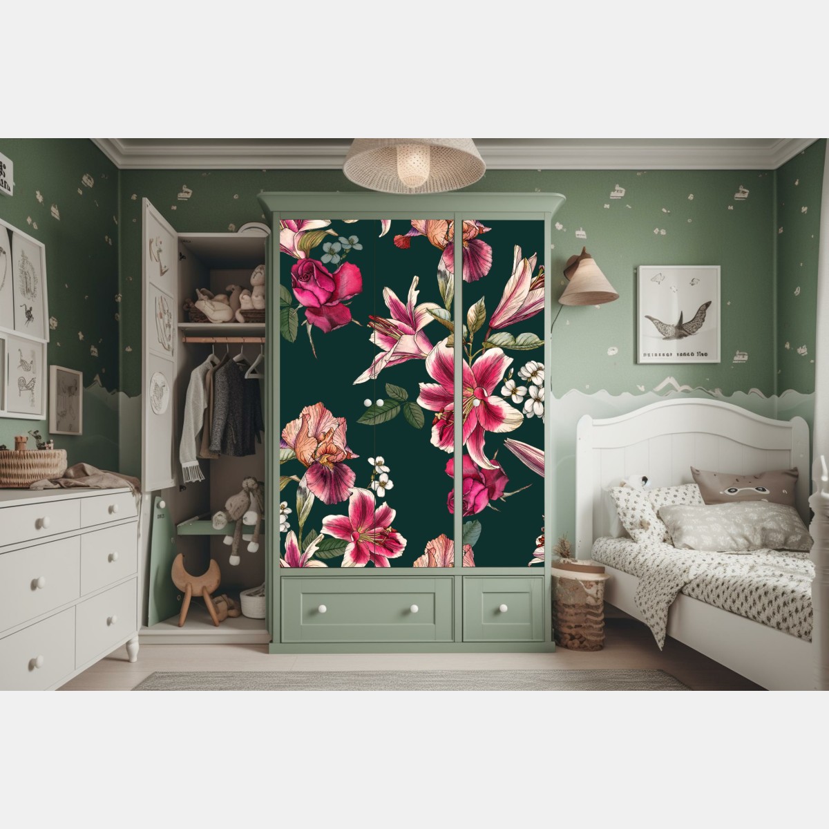 Naklejka na szafę vintage botaniczny wzór kwiatowy na głębokiej zieleni – Wallissimo® Naklejka na szafę vintage botaniczny wzór kwiatowy na głębokiej zieleni – Wallissimo®