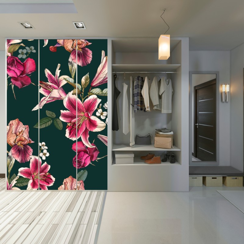 Naklejka na szafę vintage botaniczny wzór kwiatowy na głębokiej zieleni – Wallissimo® Naklejka na szafę vintage botaniczny wzór kwiatowy na głębokiej zieleni – Wallissimo®