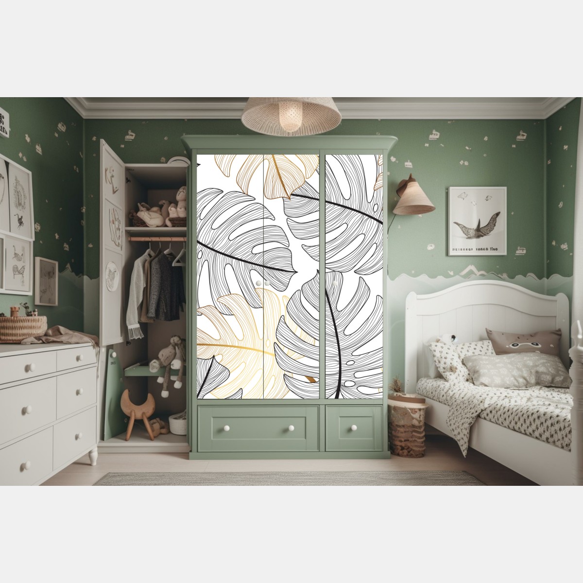 Naklejka na szafę wzór liści monstera ze złotymi akcentami – Wallissimo® Naklejka na szafę wzór liści monstera ze złotymi akcentami – Wallissimo®