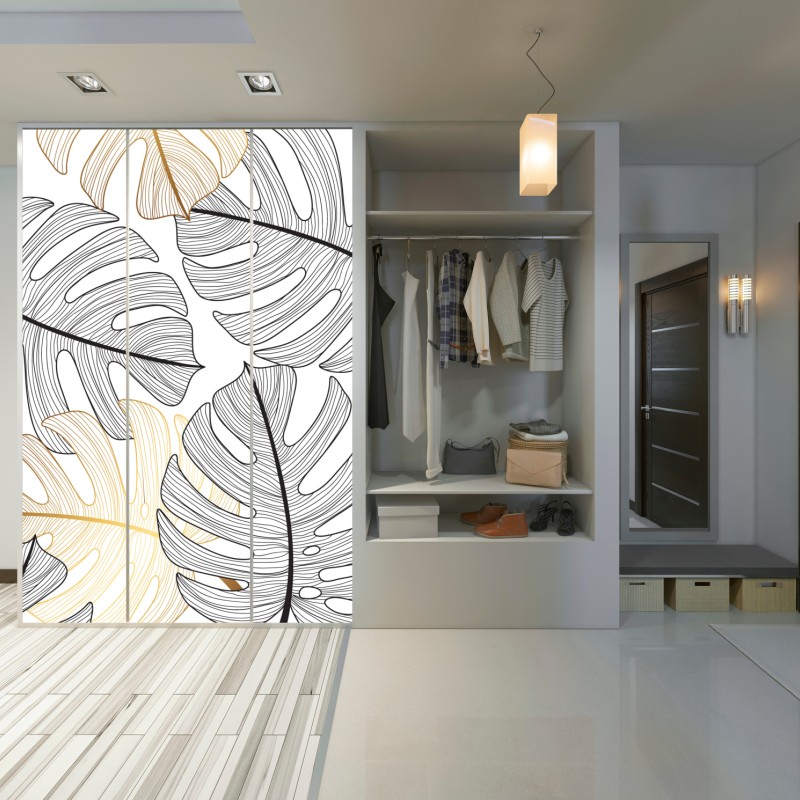 Naklejka na szafę wzór liści monstera ze złotymi akcentami – Wallissimo® Naklejka na szafę wzór liści monstera ze złotymi akcentami – Wallissimo®