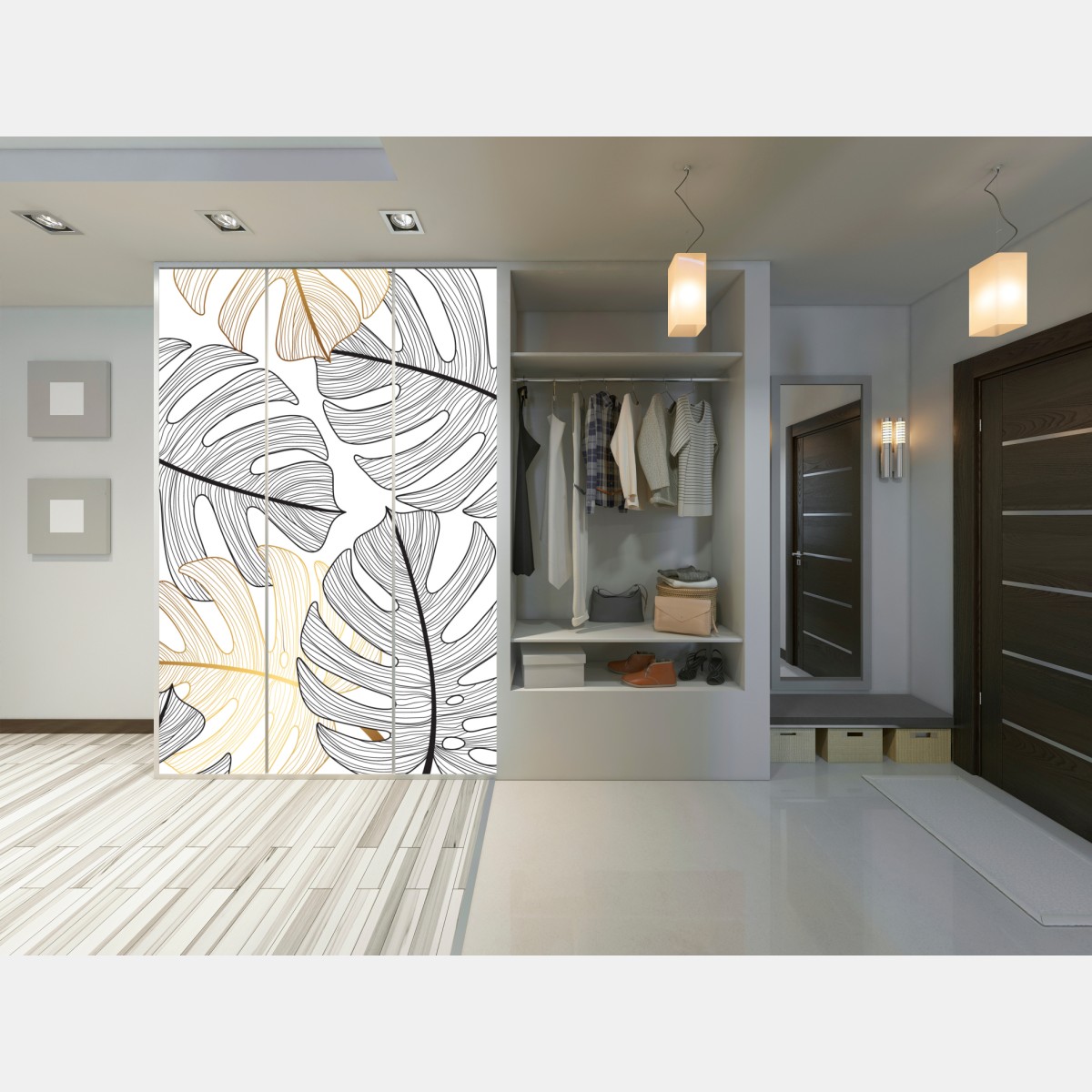 Naklejka na szafę wzór liści monstera ze złotymi akcentami – Wallissimo® Naklejka na szafę wzór liści monstera ze złotymi akcentami – Wallissimo®