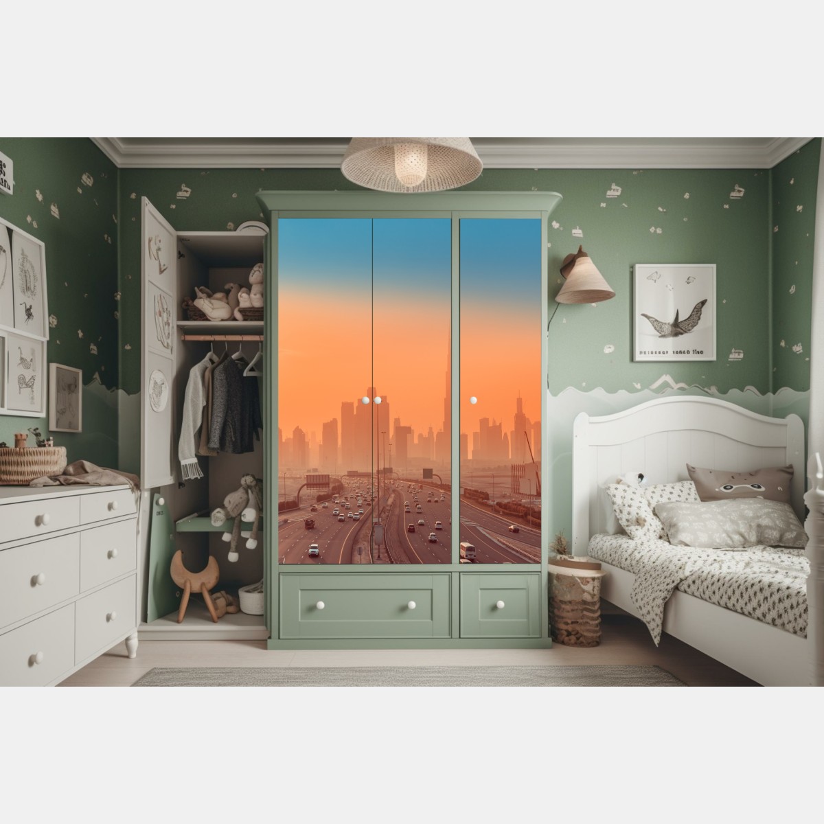 Naklejka na szafę Dubaj panorama o wschodzie słońca – Wallissimo® Naklejka na szafę Dubaj panorama o wschodzie słońca – Wallissimo®