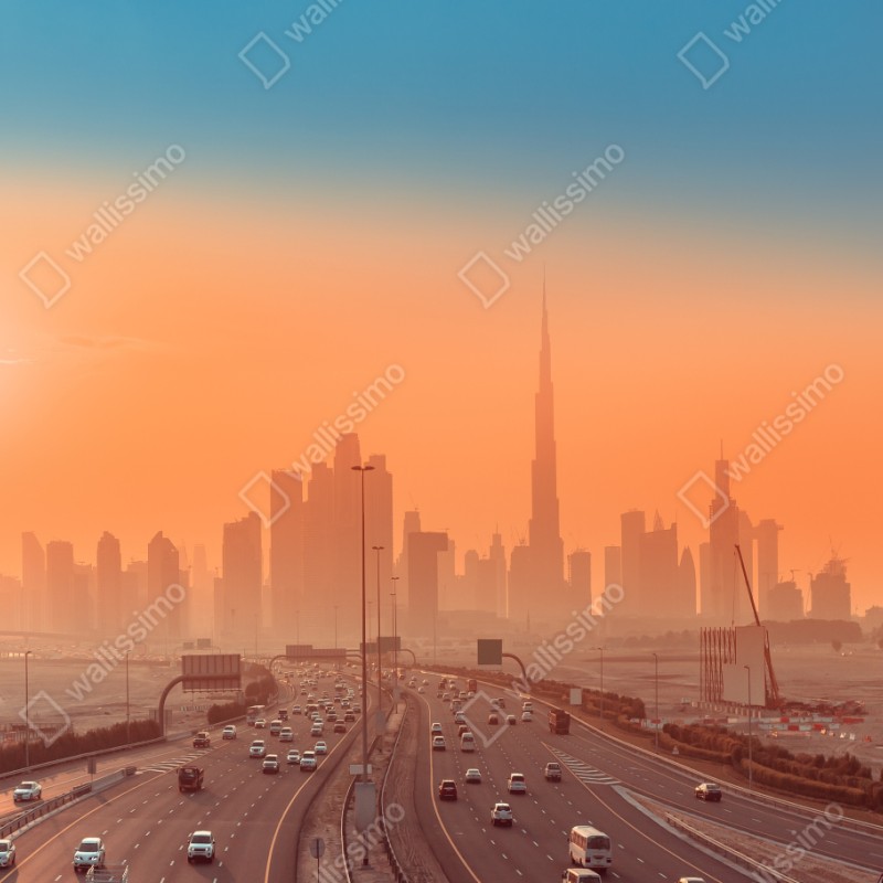 Naklejka na szafę Dubaj panorama o wschodzie słońca – Wallissimo® Naklejka na szafę Dubaj panorama o wschodzie słońca – Wallissimo®