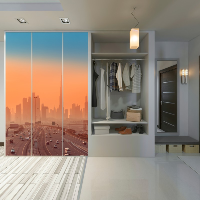 Naklejka na szafę Dubaj panorama o wschodzie słońca – Wallissimo® Naklejka na szafę Dubaj panorama o wschodzie słońca – Wallissimo®