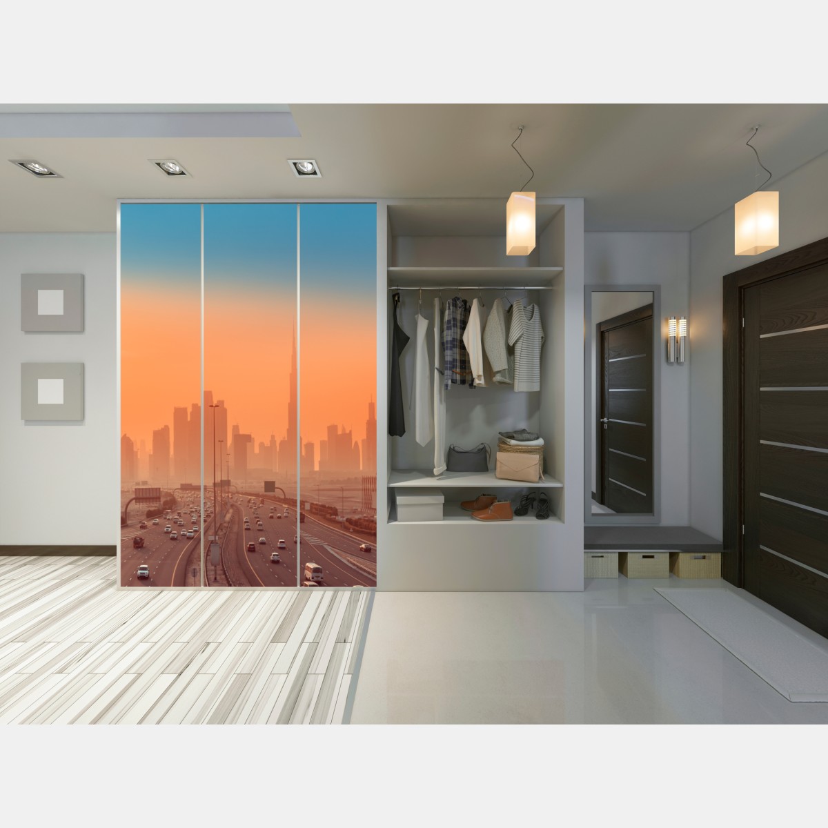 Naklejka na szafę Dubaj panorama o wschodzie słońca – Wallissimo® Naklejka na szafę Dubaj panorama o wschodzie słońca – Wallissimo®