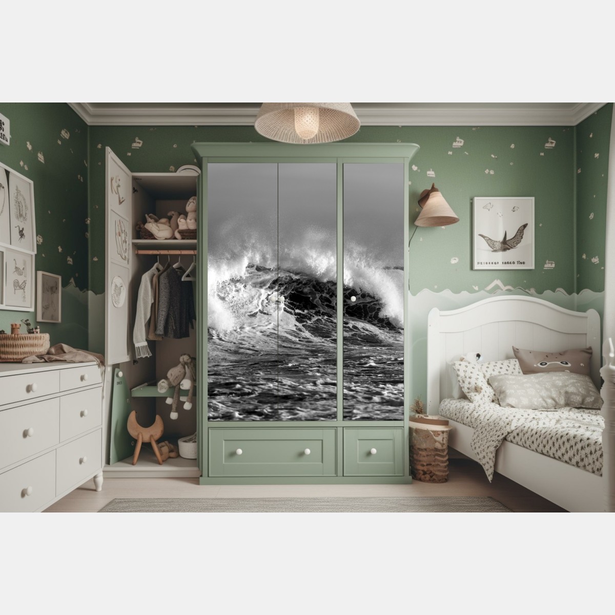 Naklejka na szafę dramatyczna czarno-biała fala oceanu – Wallissimo® Naklejka na szafę dramatyczna czarno-biała fala oceanu – Wallissimo®