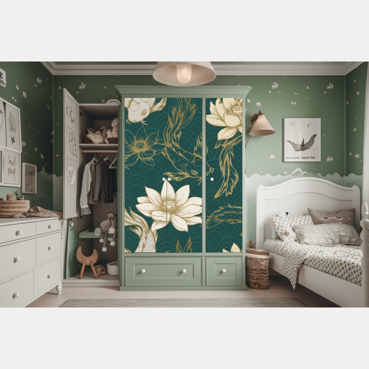 Naklejka na szafę orientalny wzór koi i lotosów w turkusie i złocie – Wallissimo® Naklejka na szafę orientalny wzór koi i lotosów w turkusie i złocie – Wallissimo®