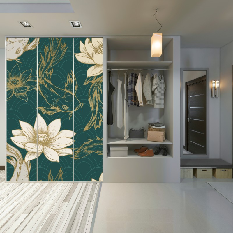 Naklejka na szafę orientalny wzór koi i lotosów w turkusie i złocie – Wallissimo® Naklejka na szafę orientalny wzór koi i lotosów w turkusie i złocie – Wallissimo®