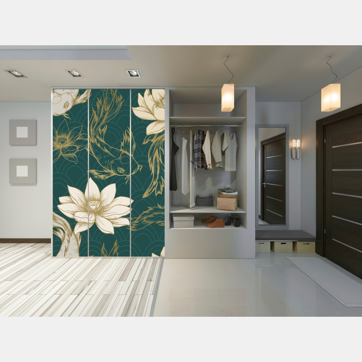 Naklejka na szafę orientalny wzór koi i lotosów w turkusie i złocie – Wallissimo® Naklejka na szafę orientalny wzór koi i lotosów w turkusie i złocie – Wallissimo®