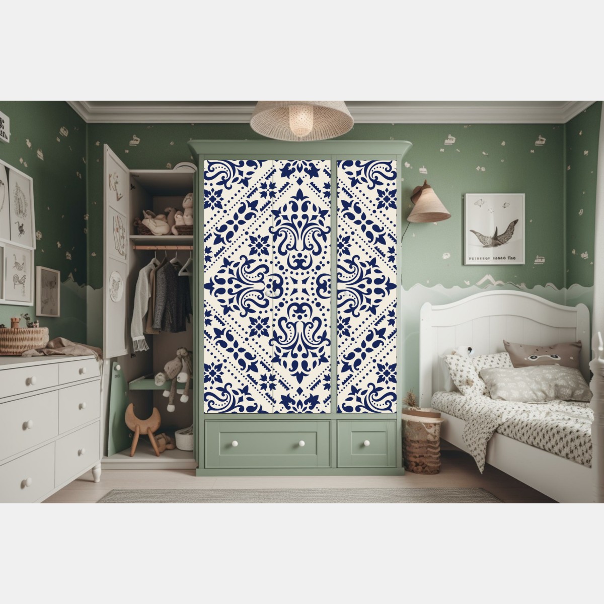 Naklejka na szafę granatowy wzór damaskowy na płytkach – Wallissimo® Naklejka na szafę granatowy wzór damaskowy na płytkach – Wallissimo®