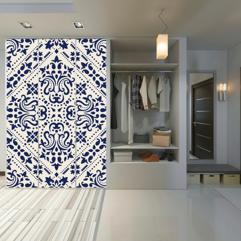 Naklejka na szafę granatowy wzór damaskowy na płytkach – Wallissimo® Naklejka na szafę granatowy wzór damaskowy na płytkach – Wallissimo®