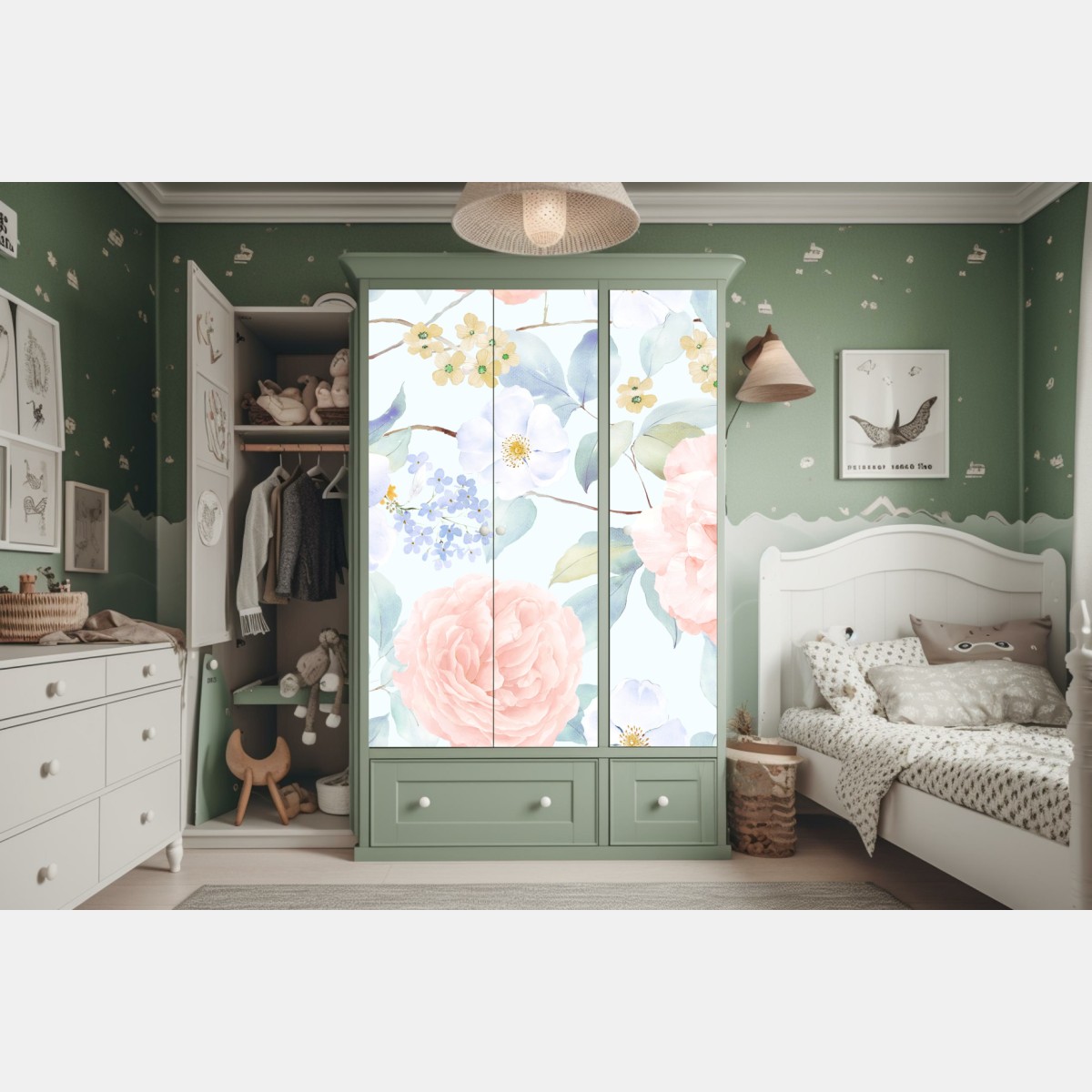 Naklejka na szafę delikatne pastelowe kwiaty w akwareli – Wallissimo® Naklejka na szafę delikatne pastelowe kwiaty w akwareli – Wallissimo®