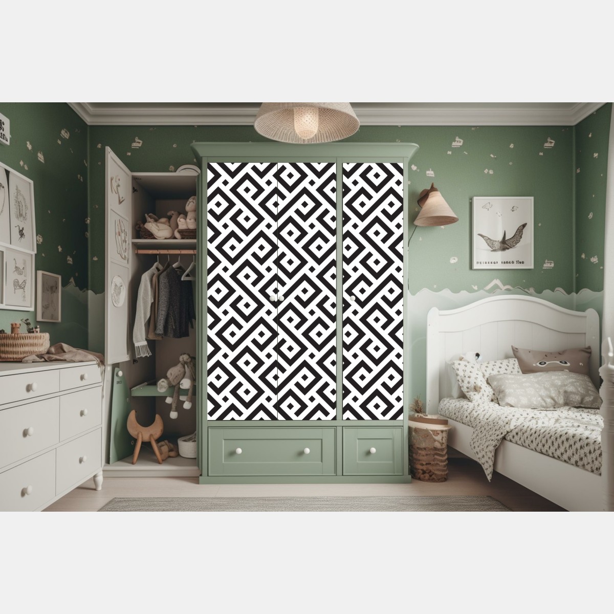 Naklejka na szafę ponadczasowy czarno-biały geometryczny wzór – Wallissimo® Naklejka na szafę ponadczasowy czarno-biały geometryczny wzór – Wallissimo®