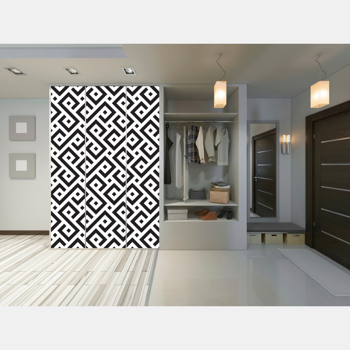 Naklejka na szafę ponadczasowy czarno-biały geometryczny wzór – Wallissimo® Naklejka na szafę ponadczasowy czarno-biały geometryczny wzór – Wallissimo®