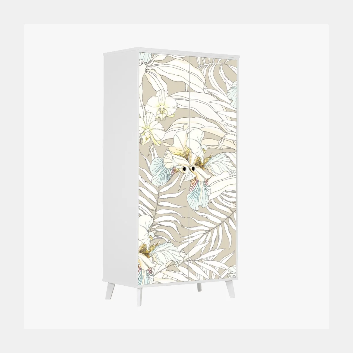 Naklejka na szafę tropikalny wzór z kakadu i kwiatami – Wallissimo® Naklejka na szafę tropikalny wzór z kakadu i kwiatami – Wallissimo®