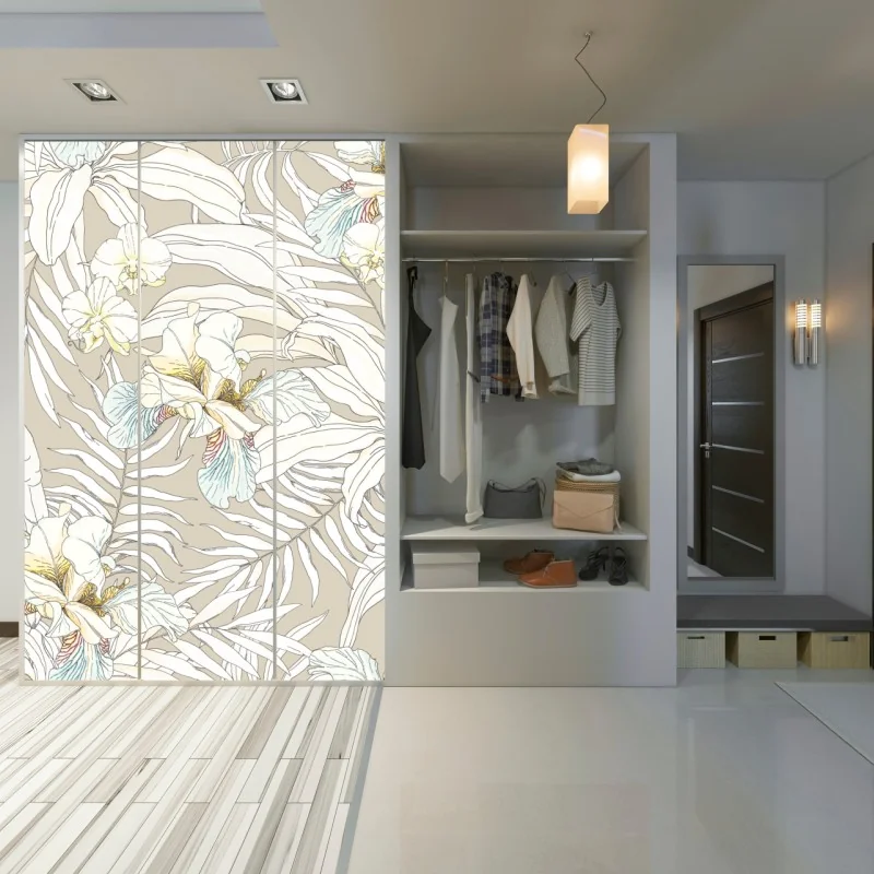 Naklejka na szafę tropikalny wzór z kakadu i kwiatami – Wallissimo® Naklejka na szafę tropikalny wzór z kakadu i kwiatami – Wallissimo®