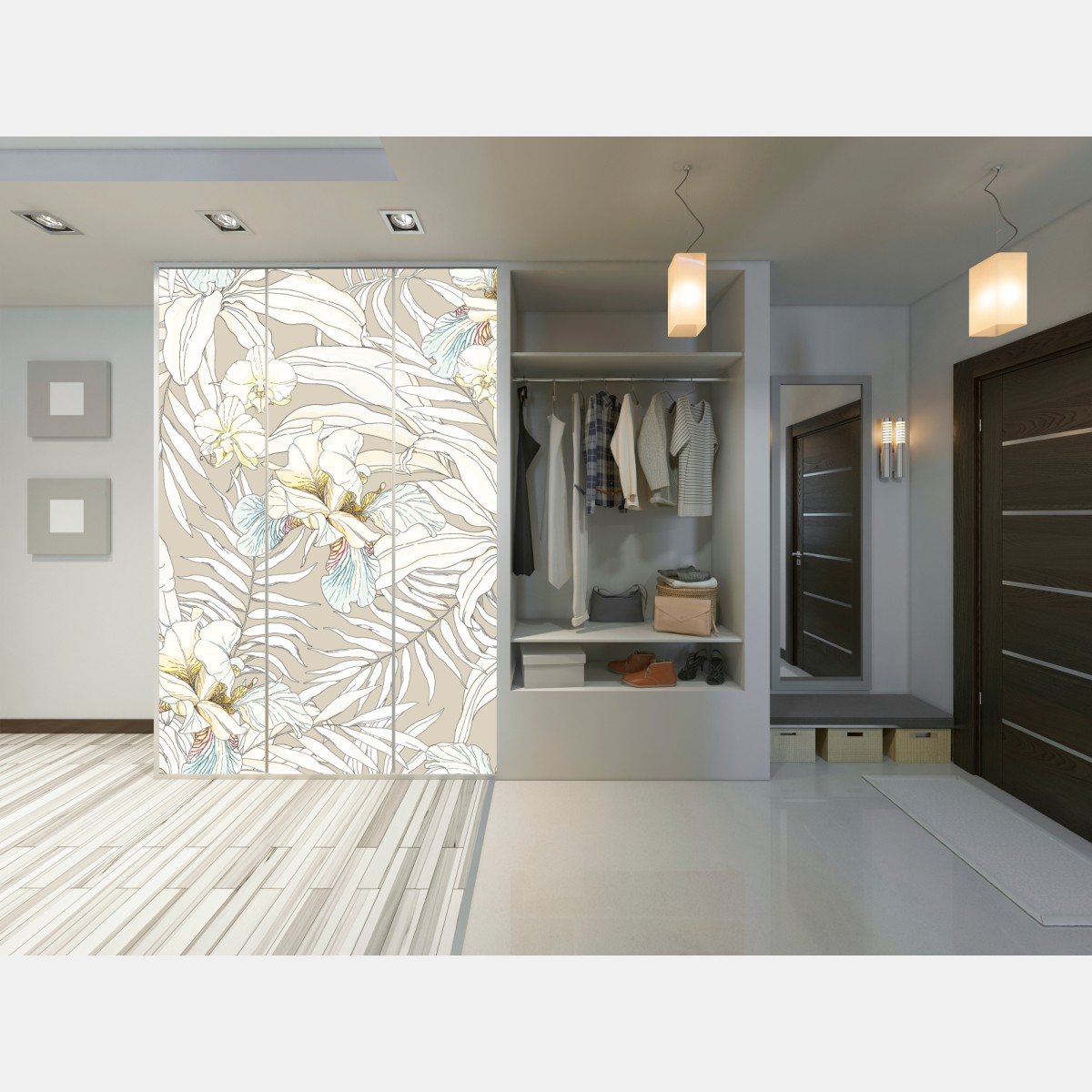 Naklejka na szafę tropikalny wzór z kakadu i kwiatami – Wallissimo® Naklejka na szafę tropikalny wzór z kakadu i kwiatami – Wallissimo®