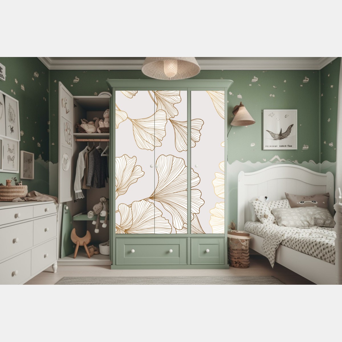 Naklejka na szafę delikatny złoty wzór miłorzębu – Wallissimo® Naklejka na szafę delikatny złoty wzór miłorzębu – Wallissimo®