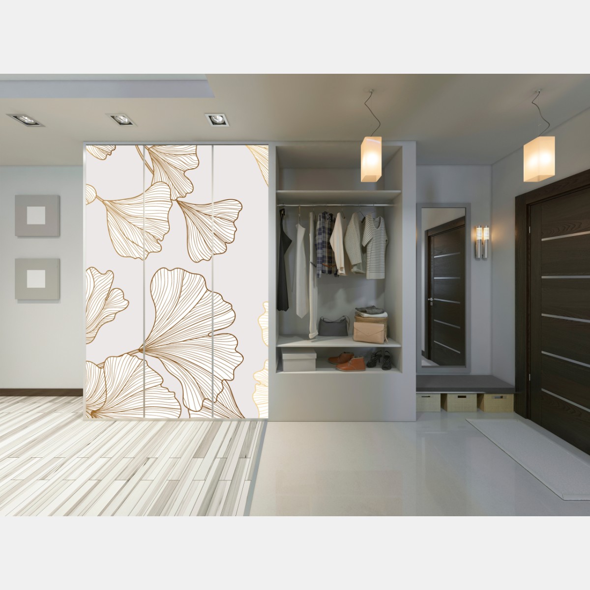 Naklejka na szafę delikatny złoty wzór miłorzębu – Wallissimo® Naklejka na szafę delikatny złoty wzór miłorzębu – Wallissimo®