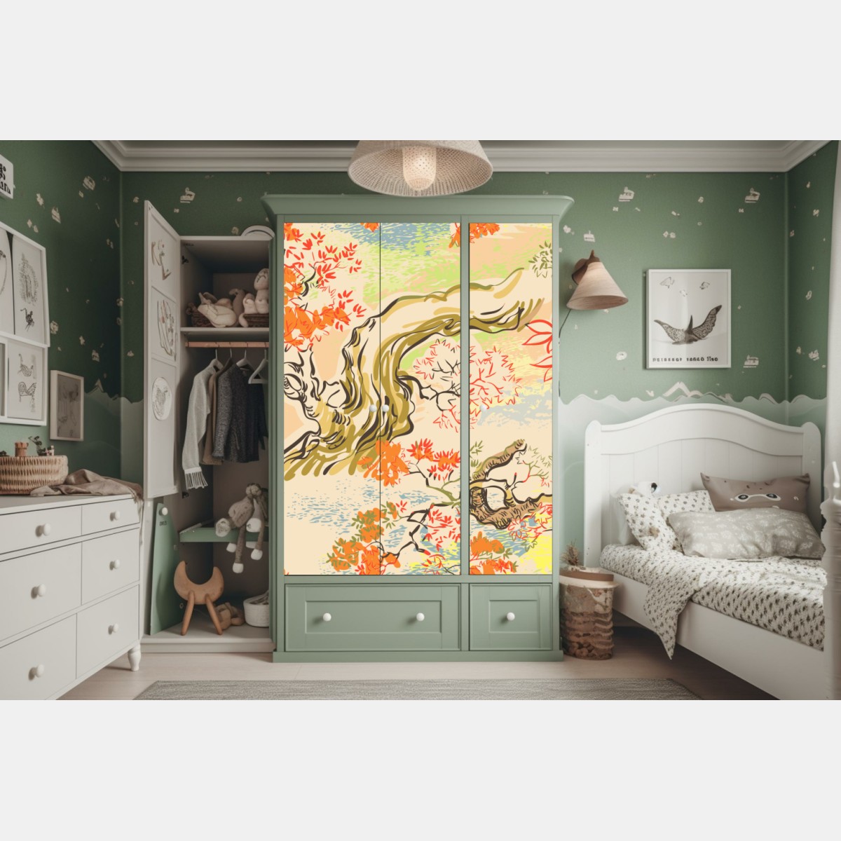 Naklejka na szafę orientalny wzór z drzewami i liśćmi – Wallissimo® Naklejka na szafę orientalny wzór z drzewami i liśćmi – Wallissimo®