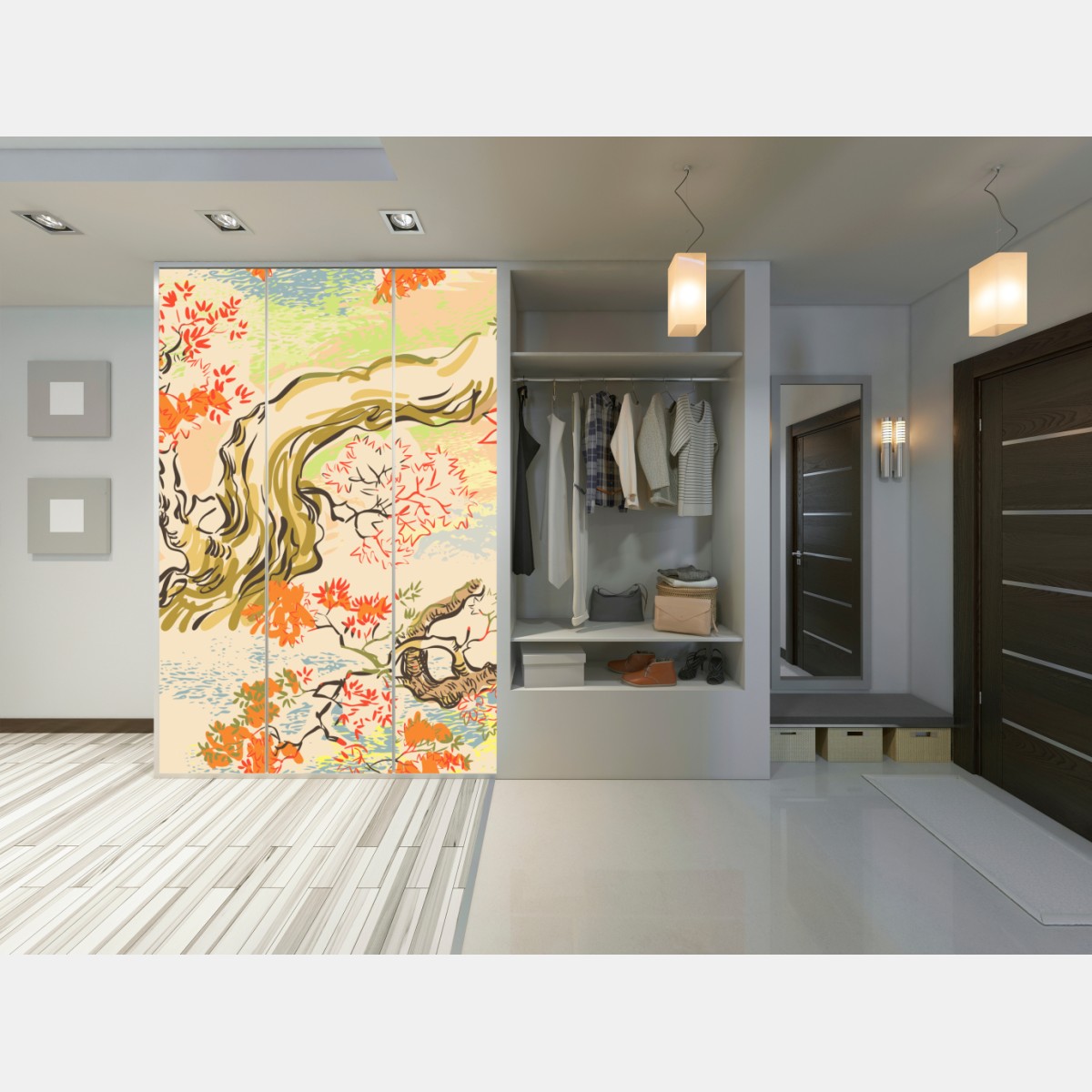 Naklejka na szafę orientalny wzór z drzewami i liśćmi – Wallissimo® Naklejka na szafę orientalny wzór z drzewami i liśćmi – Wallissimo®