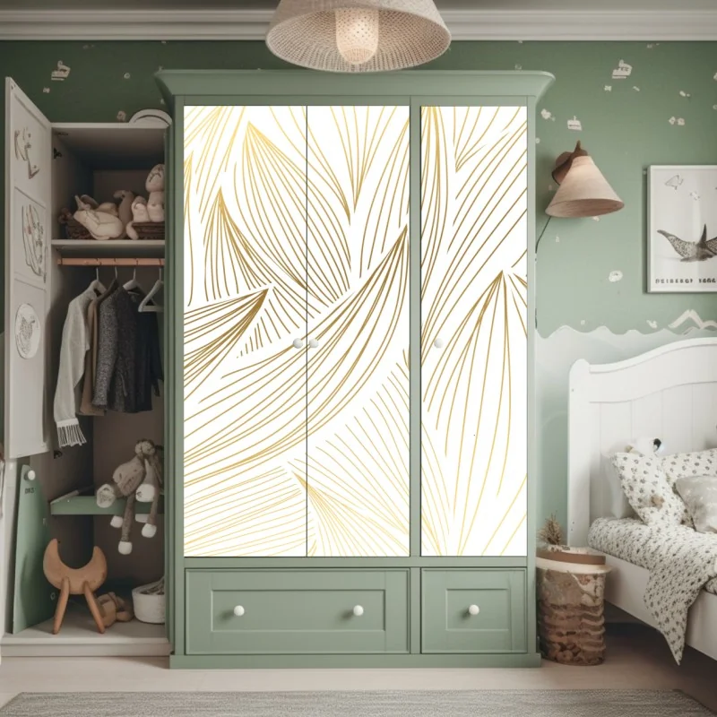 Naklejka na szafę złote liście w liniowej grafice – Wallissimo® Naklejka na szafę złote liście w liniowej grafice – Wallissimo®