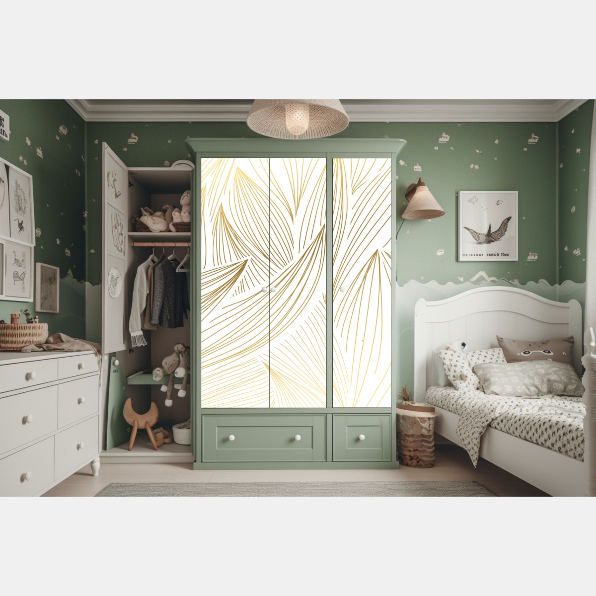 Naklejka na szafę złote liście w liniowej grafice – Wallissimo® Naklejka na szafę złote liście w liniowej grafice – Wallissimo®