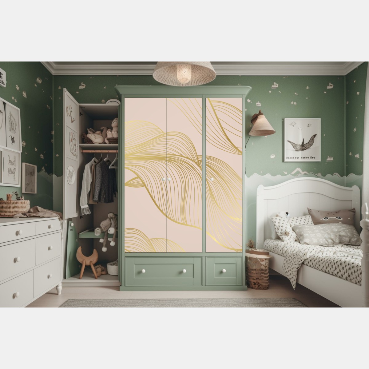 Naklejka na szafę abstrakcyjny wzór złotych fal – Wallissimo® Naklejka na szafę abstrakcyjny wzór złotych fal – Wallissimo®