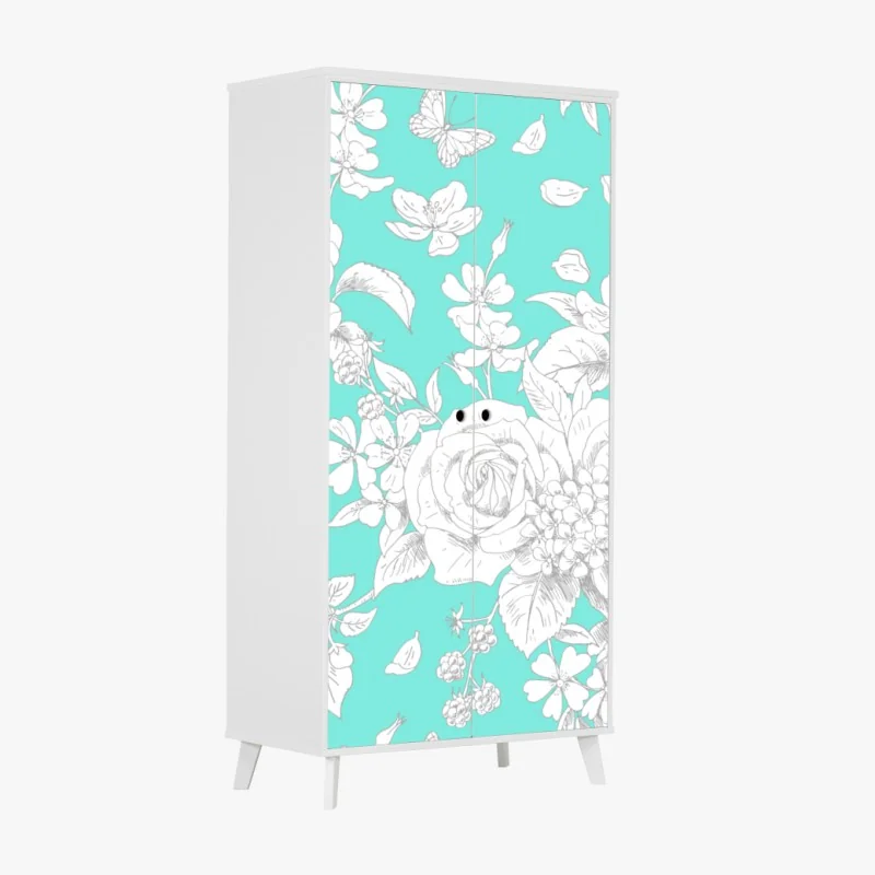 Naklejka na szafę turkusowy wzór botaniczny z kwiatami