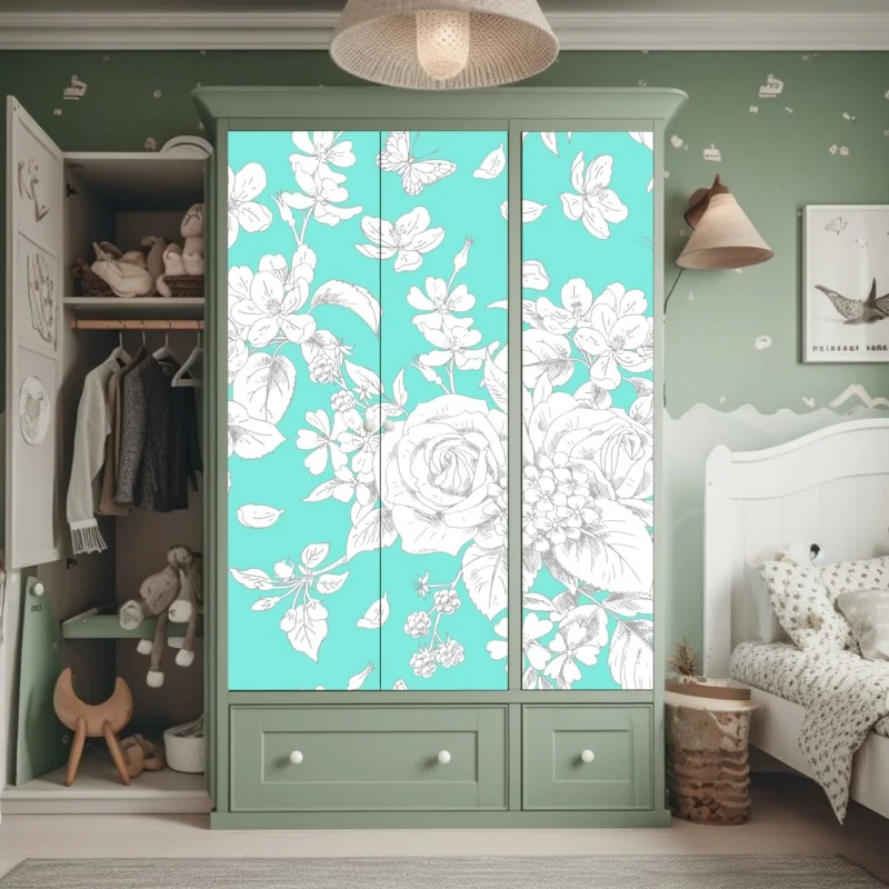 Naklejka na szafę turkusowy wzór botaniczny z kwiatami – Wallissimo® Naklejka na szafę turkusowy wzór botaniczny z kwiatami – Wallissimo®