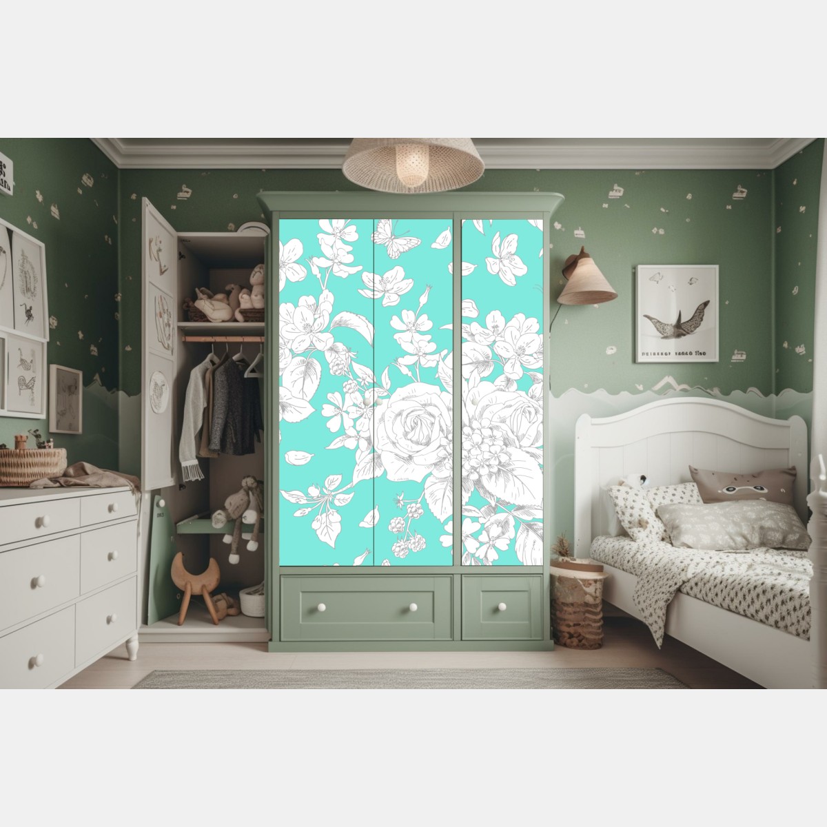Naklejka na szafę turkusowy wzór botaniczny z kwiatami – Wallissimo® Naklejka na szafę turkusowy wzór botaniczny z kwiatami – Wallissimo®