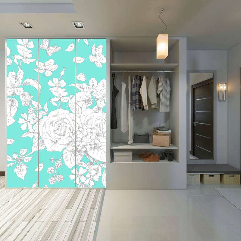 Naklejka na szafę turkusowy wzór botaniczny z kwiatami – Wallissimo® Naklejka na szafę turkusowy wzór botaniczny z kwiatami – Wallissimo®