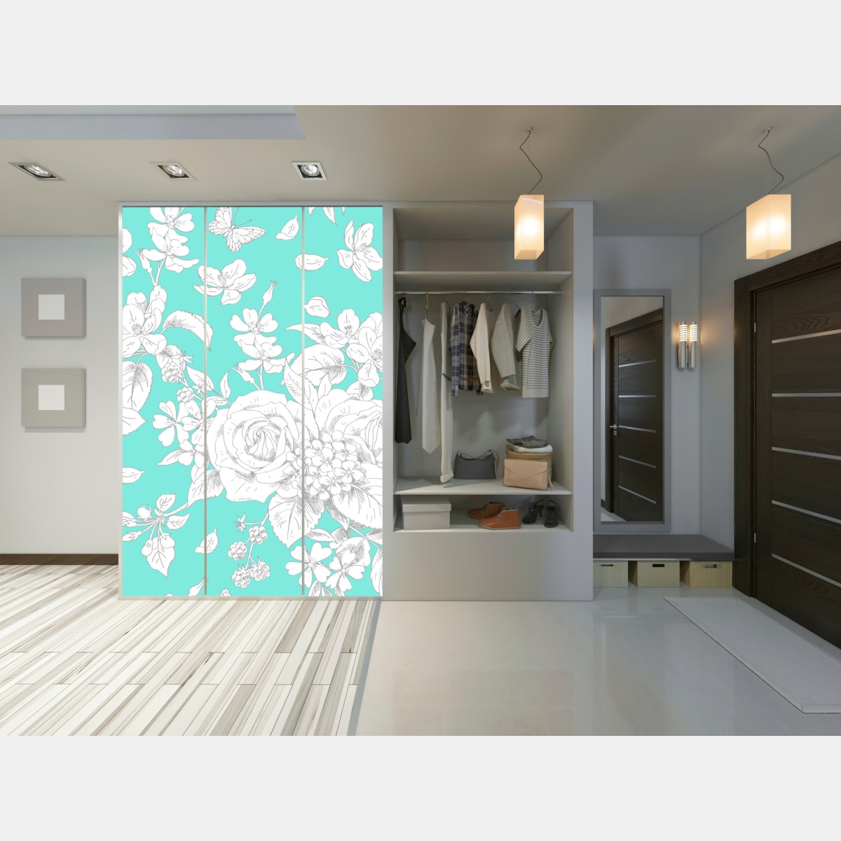Naklejka na szafę turkusowy wzór botaniczny z kwiatami – Wallissimo® Naklejka na szafę turkusowy wzór botaniczny z kwiatami – Wallissimo®