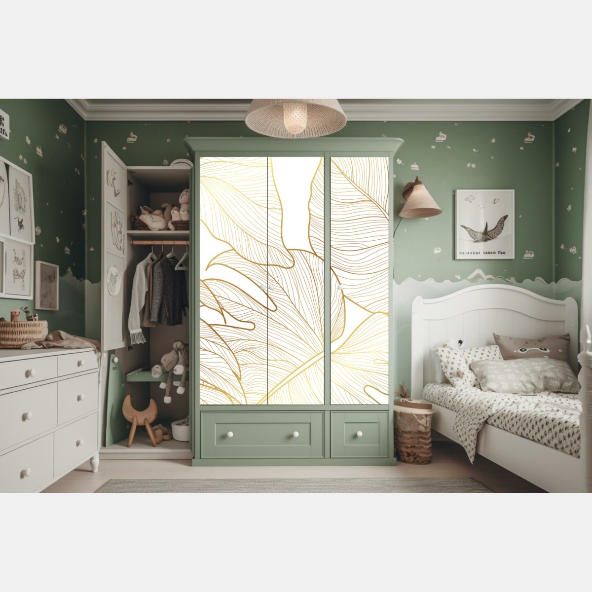 Naklejka na szafę złote botaniczne rysunki liści – Wallissimo® Naklejka na szafę złote botaniczne rysunki liści – Wallissimo®