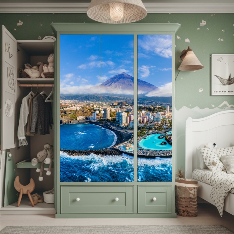 Naklejka na szafę panorama lotnicza wybrzeża Teneryfy z wulkanem Teide – Wallissimo® Naklejka na szafę panorama lotnicza wybrzeża Teneryfy z wulkanem Teide – Wallissimo®