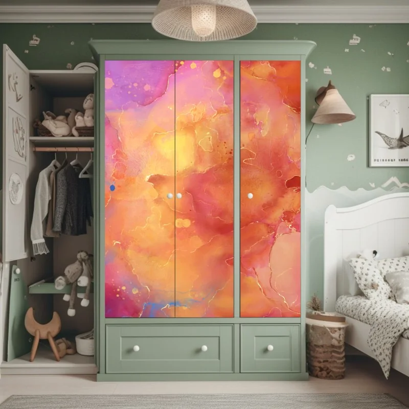 Naklejka na szafę żywa akwarelowa abstrakcja w ciepłych barwach – Wallissimo® Naklejka na szafę żywa akwarelowa abstrakcja w ciepłych barwach – Wallissimo®