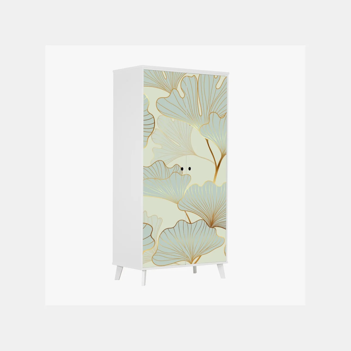 Naklejka na szafę pastelowy wzór liści miłorzębu ze złotymi akcentami – Wallissimo® Naklejka na szafę pastelowy wzór liści miłorzębu ze złotymi akcentami – Wallissimo®