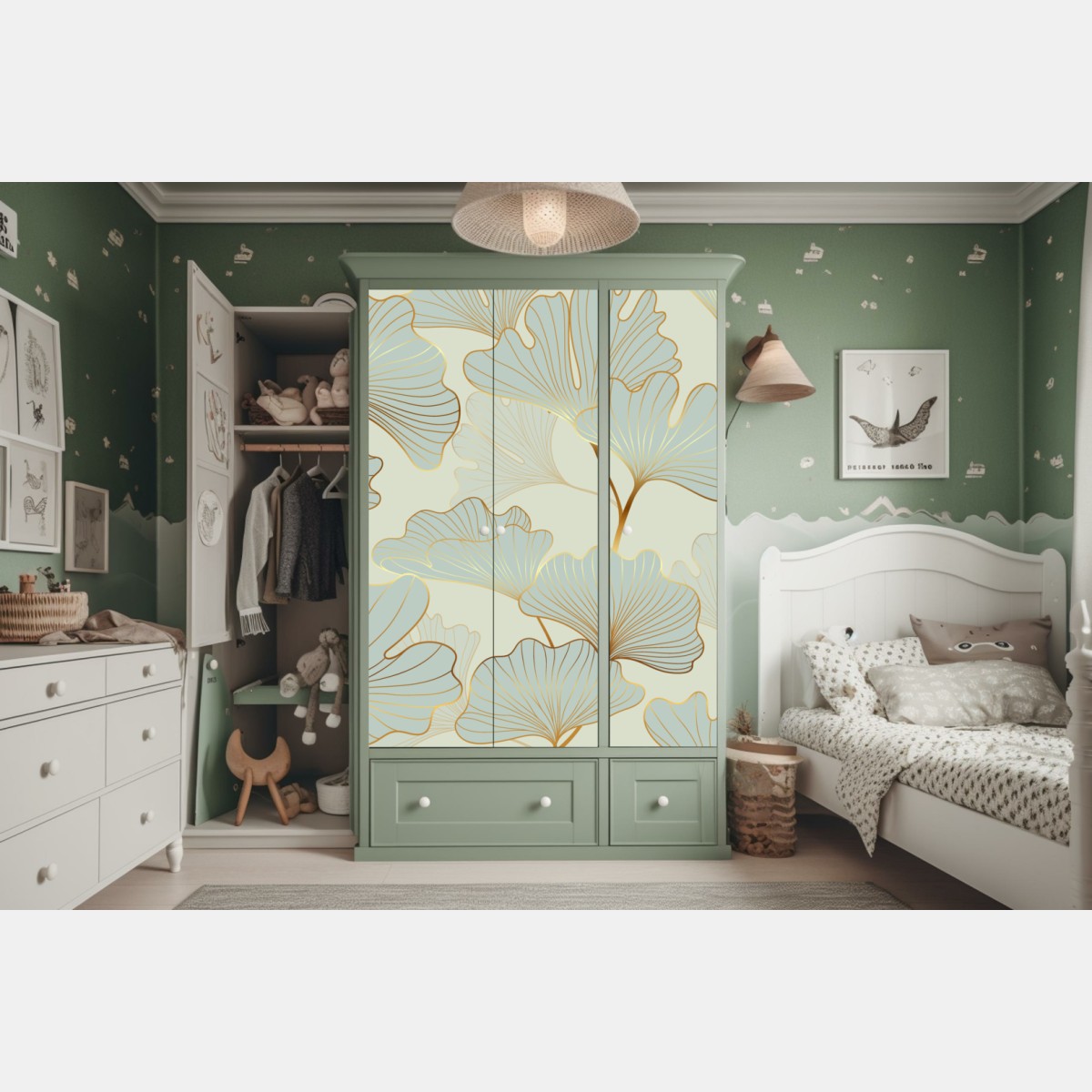 Naklejka na szafę pastelowy wzór liści miłorzębu ze złotymi akcentami – Wallissimo® Naklejka na szafę pastelowy wzór liści miłorzębu ze złotymi akcentami – Wallissimo®