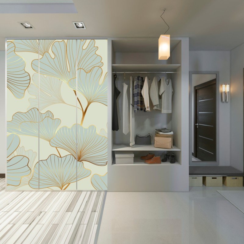 Naklejka na szafę pastelowy wzór liści miłorzębu ze złotymi akcentami – Wallissimo® Naklejka na szafę pastelowy wzór liści miłorzębu ze złotymi akcentami – Wallissimo®