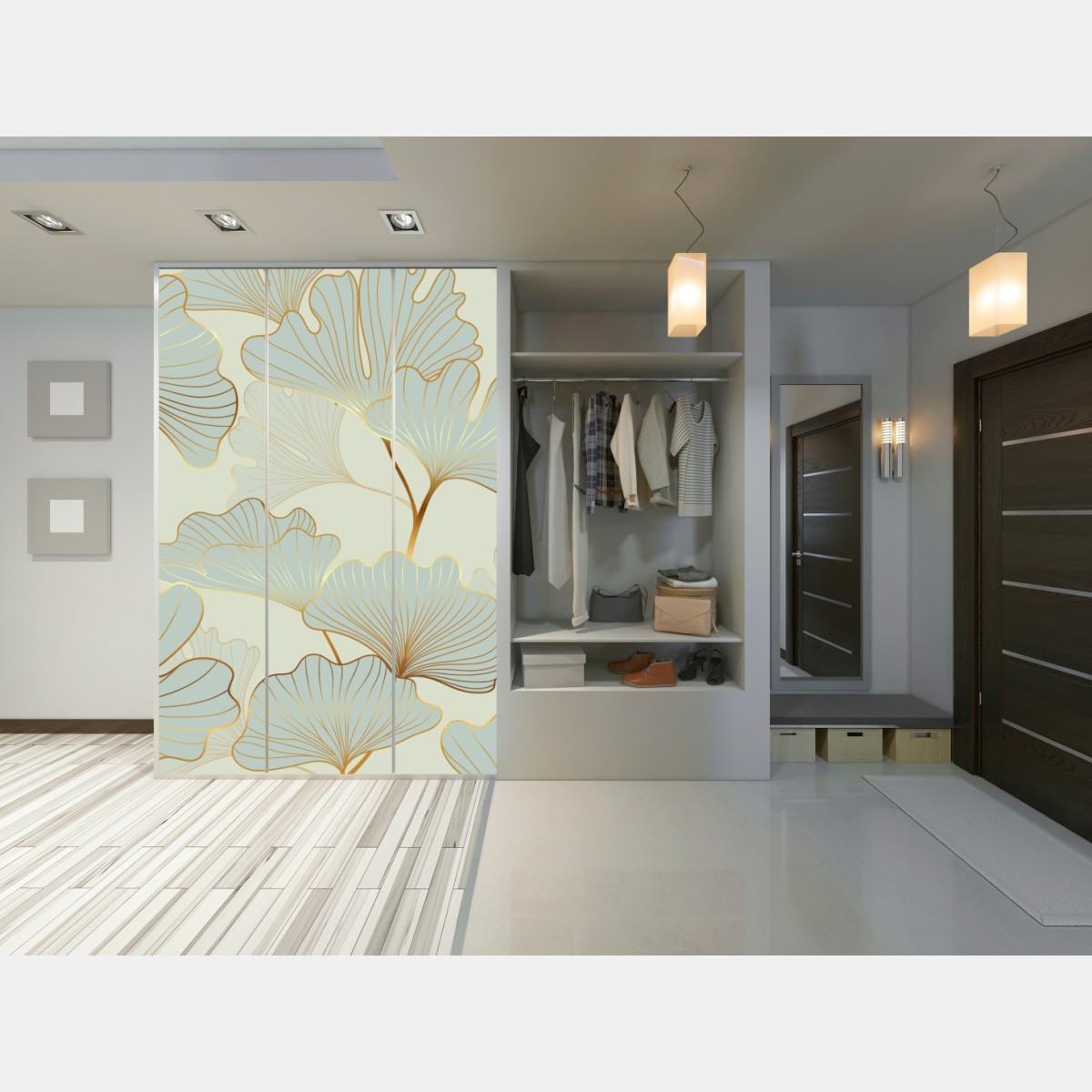 Naklejka na szafę pastelowy wzór liści miłorzębu ze złotymi akcentami – Wallissimo® Naklejka na szafę pastelowy wzór liści miłorzębu ze złotymi akcentami – Wallissimo®