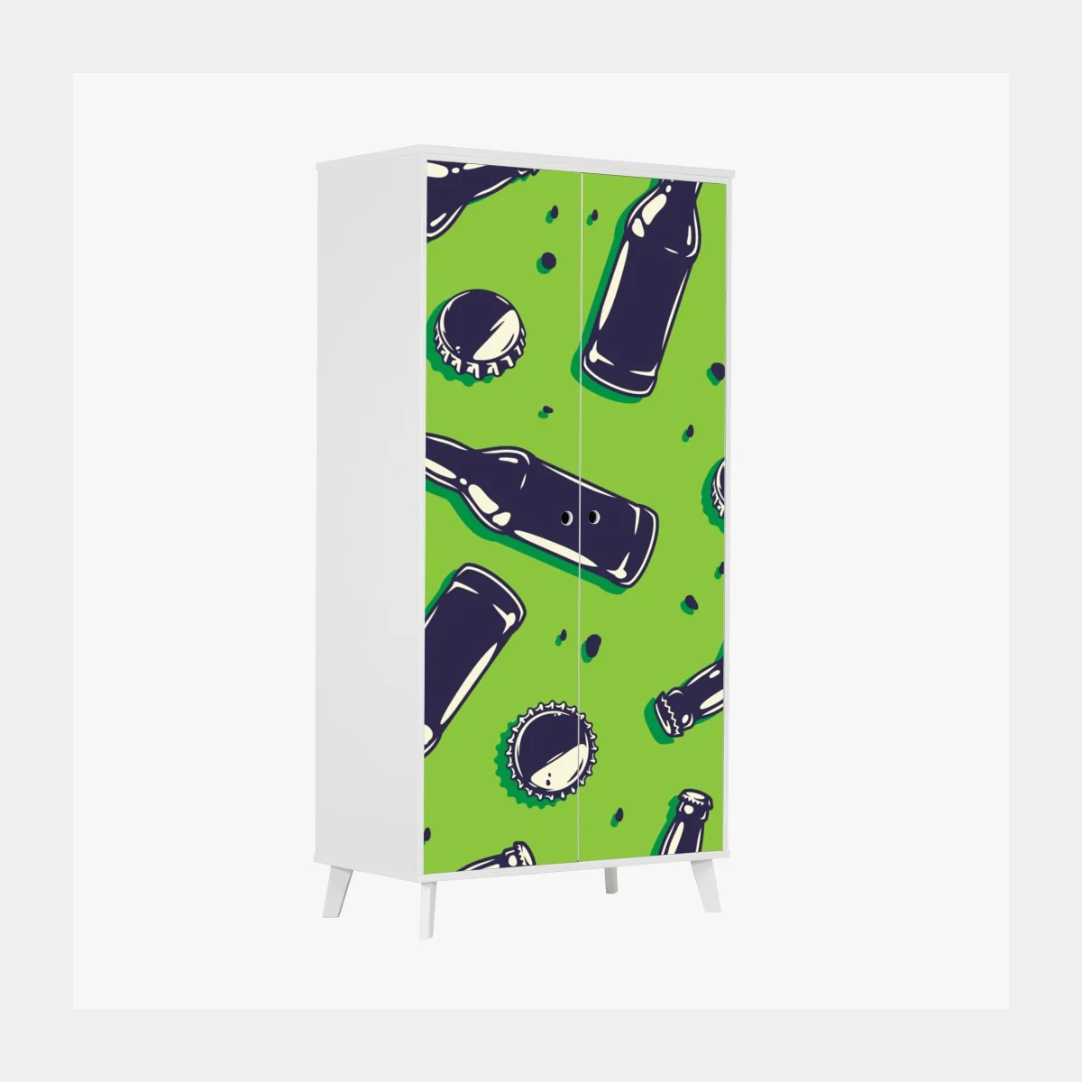 Naklejka na szafę wzór butelek piwa w stylu pop art na zielonym tle – Wallissimo® Naklejka na szafę wzór butelek piwa w stylu pop art na zielonym tle – Wallissimo®