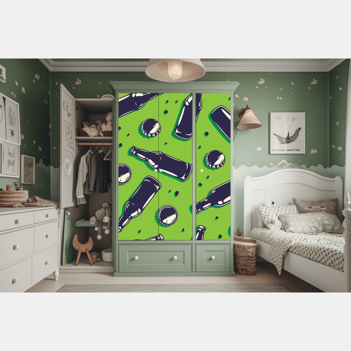 Naklejka na szafę wzór butelek piwa w stylu pop art na zielonym tle – Wallissimo® Naklejka na szafę wzór butelek piwa w stylu pop art na zielonym tle – Wallissimo®