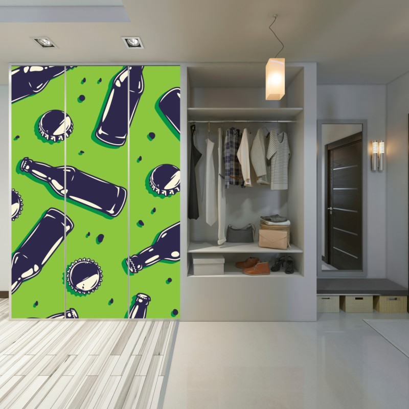 Naklejka na szafę wzór butelek piwa w stylu pop art na zielonym tle – Wallissimo® Naklejka na szafę wzór butelek piwa w stylu pop art na zielonym tle – Wallissimo®