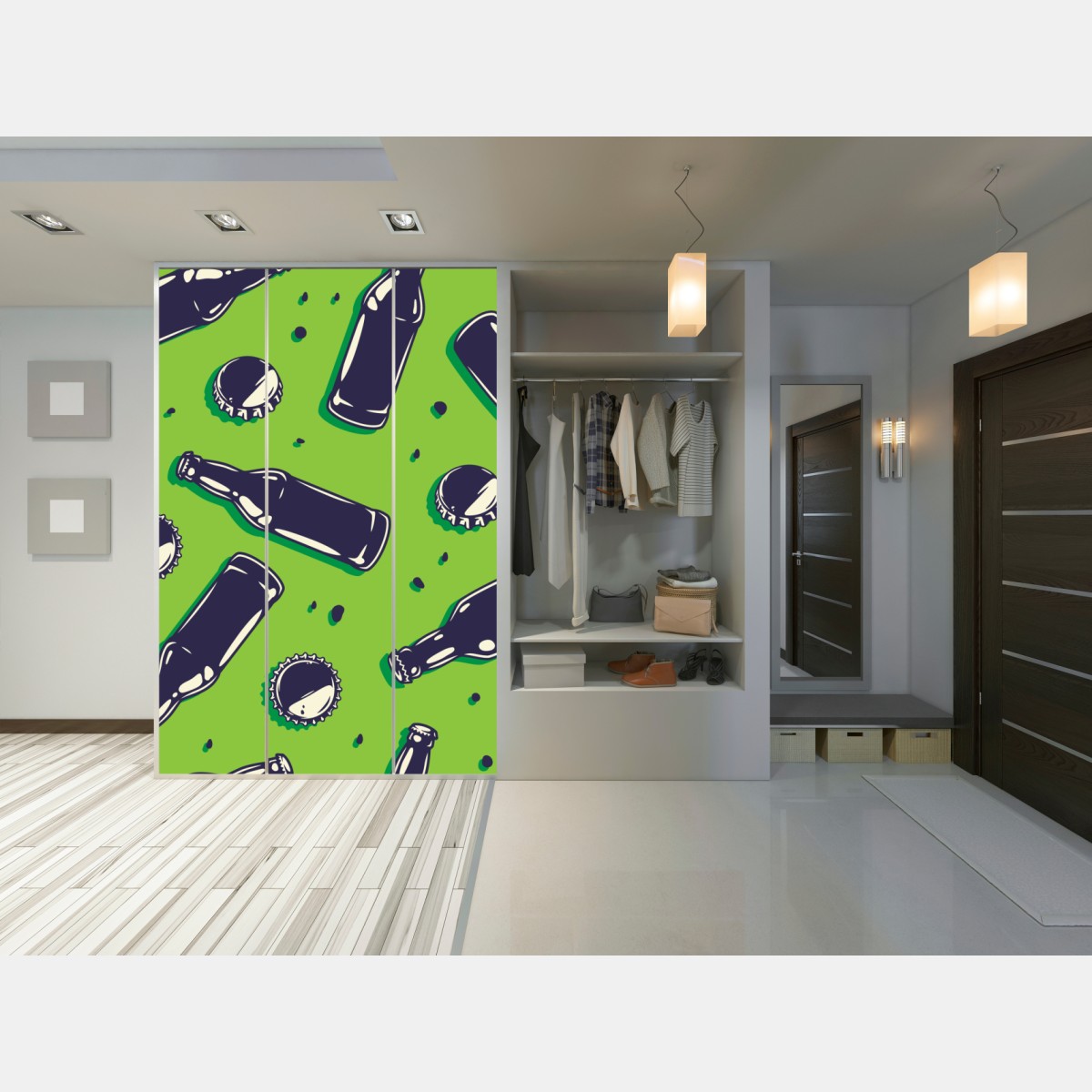 Naklejka na szafę wzór butelek piwa w stylu pop art na zielonym tle – Wallissimo® Naklejka na szafę wzór butelek piwa w stylu pop art na zielonym tle – Wallissimo®