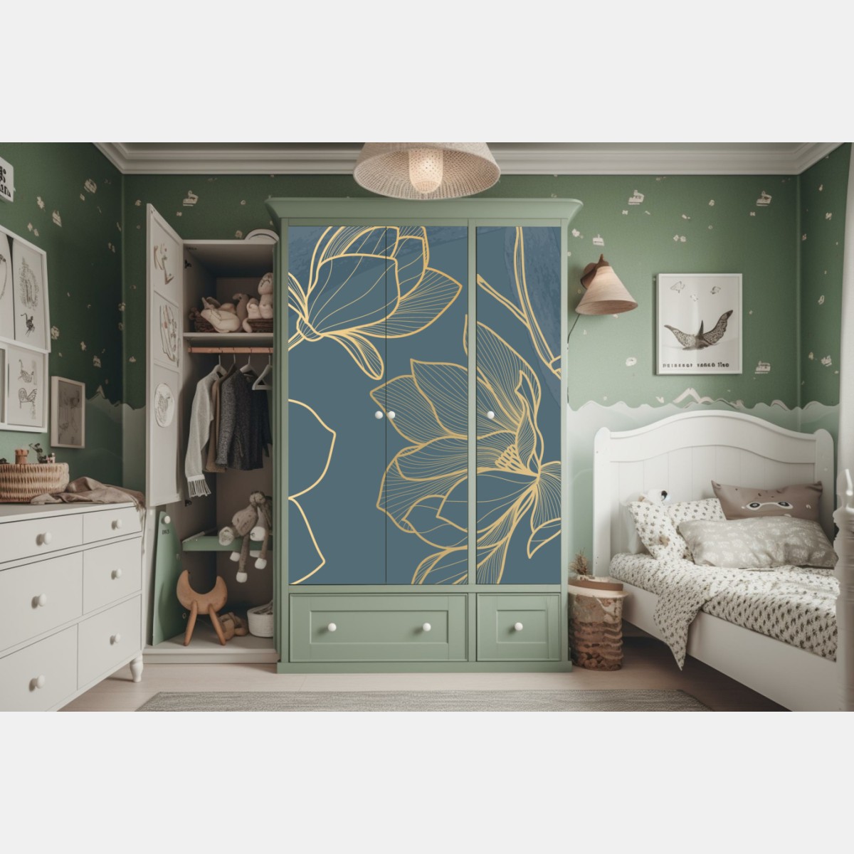Naklejka na szafę złota magnolia na turkusowym tle – Wallissimo® Naklejka na szafę złota magnolia na turkusowym tle – Wallissimo®