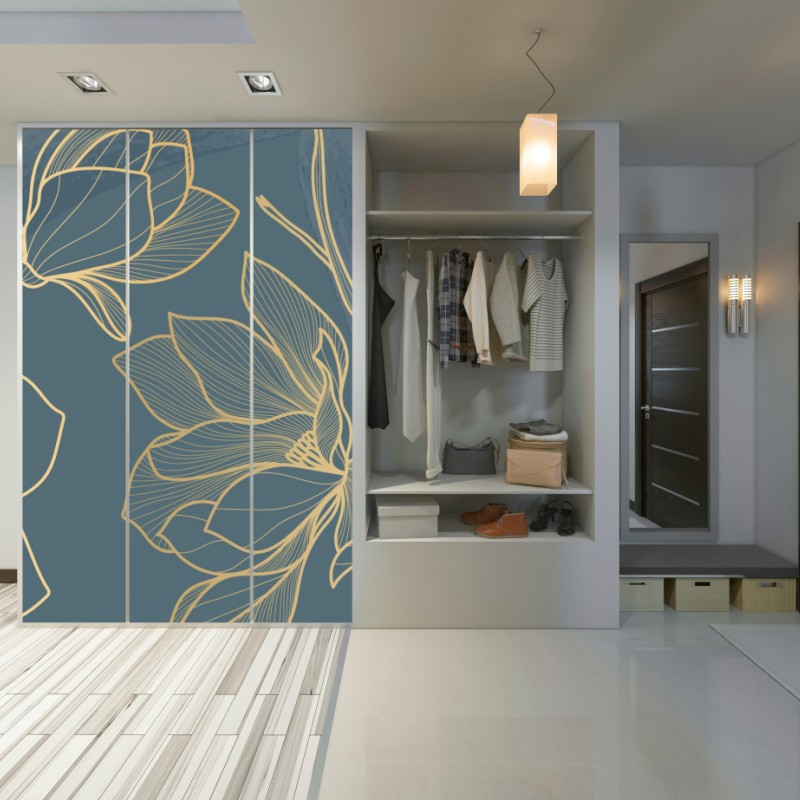 Naklejka na szafę złota magnolia na turkusowym tle – Wallissimo® Naklejka na szafę złota magnolia na turkusowym tle – Wallissimo®