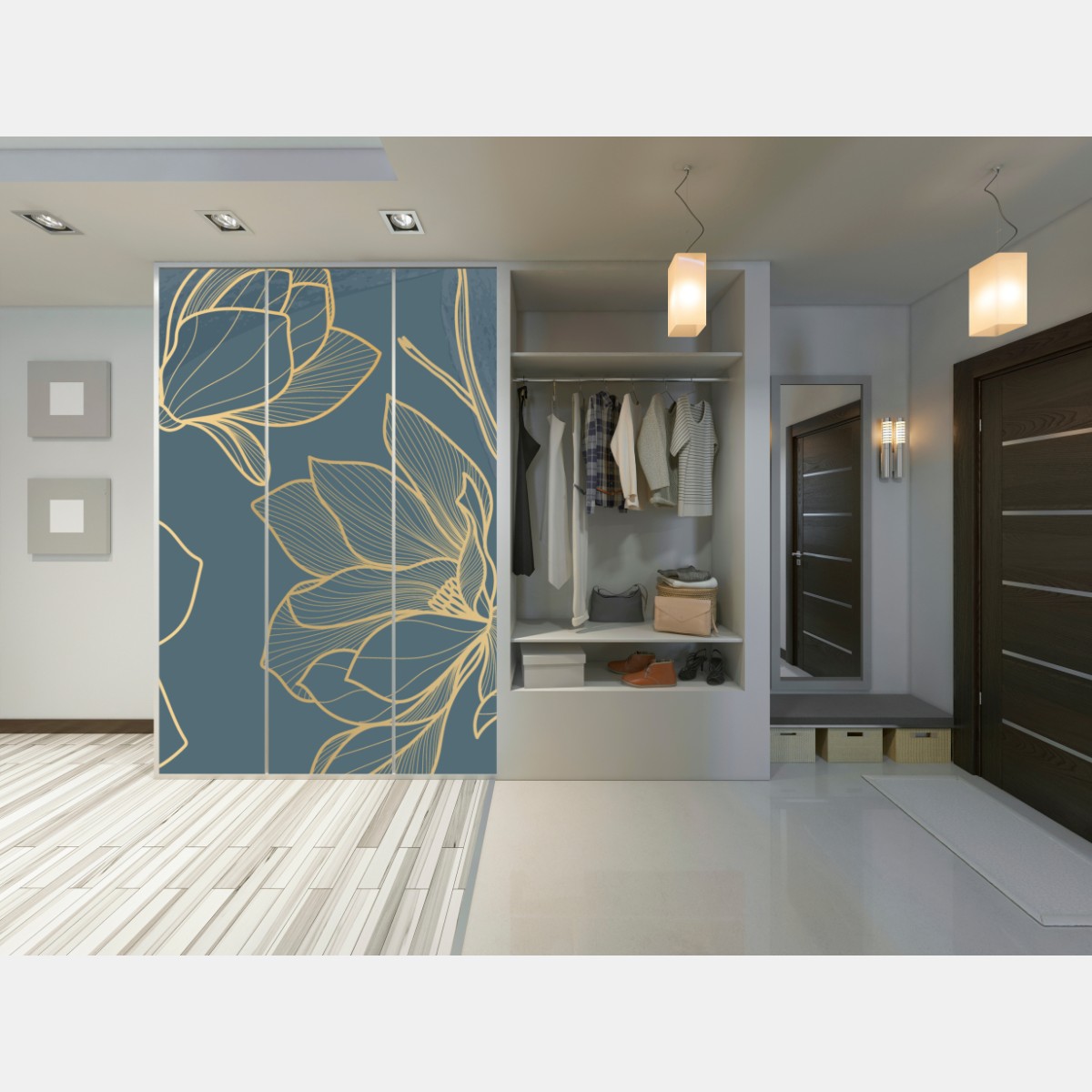 Naklejka na szafę złota magnolia na turkusowym tle – Wallissimo® Naklejka na szafę złota magnolia na turkusowym tle – Wallissimo®