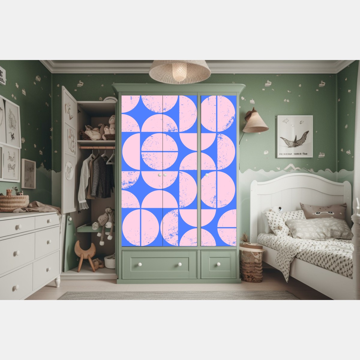 Naklejka na szafę pastelowy geometryczny wzór z kołami – Wallissimo® Naklejka na szafę pastelowy geometryczny wzór z kołami – Wallissimo®