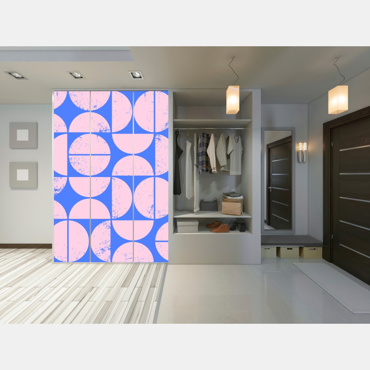 Naklejka na szafę pastelowy geometryczny wzór z kołami – Wallissimo® Naklejka na szafę pastelowy geometryczny wzór z kołami – Wallissimo®